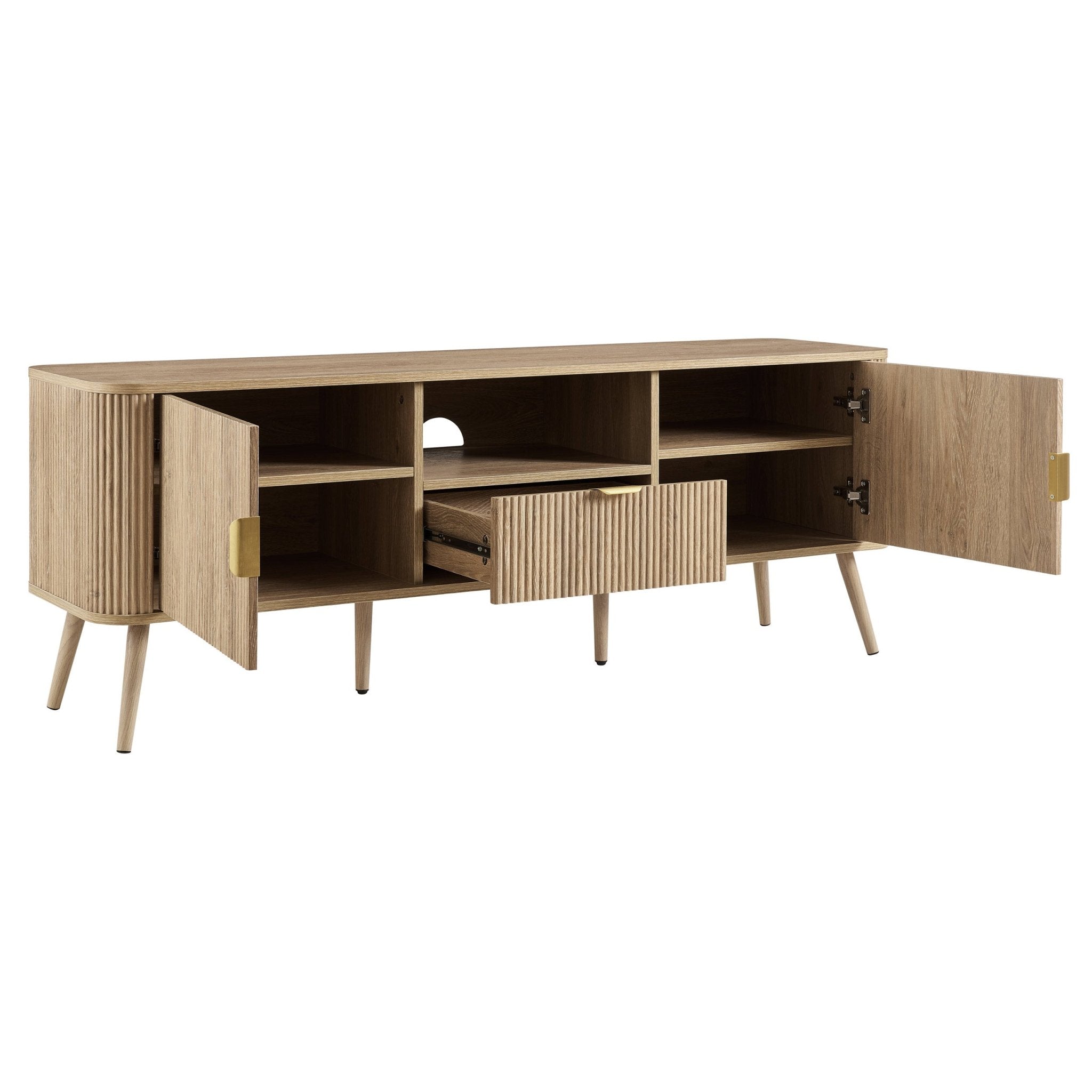 Meuble TV en bois clair style scandinave avec motif à panneaux pour téléviseurs jusqu'à 65 pouces pour salon