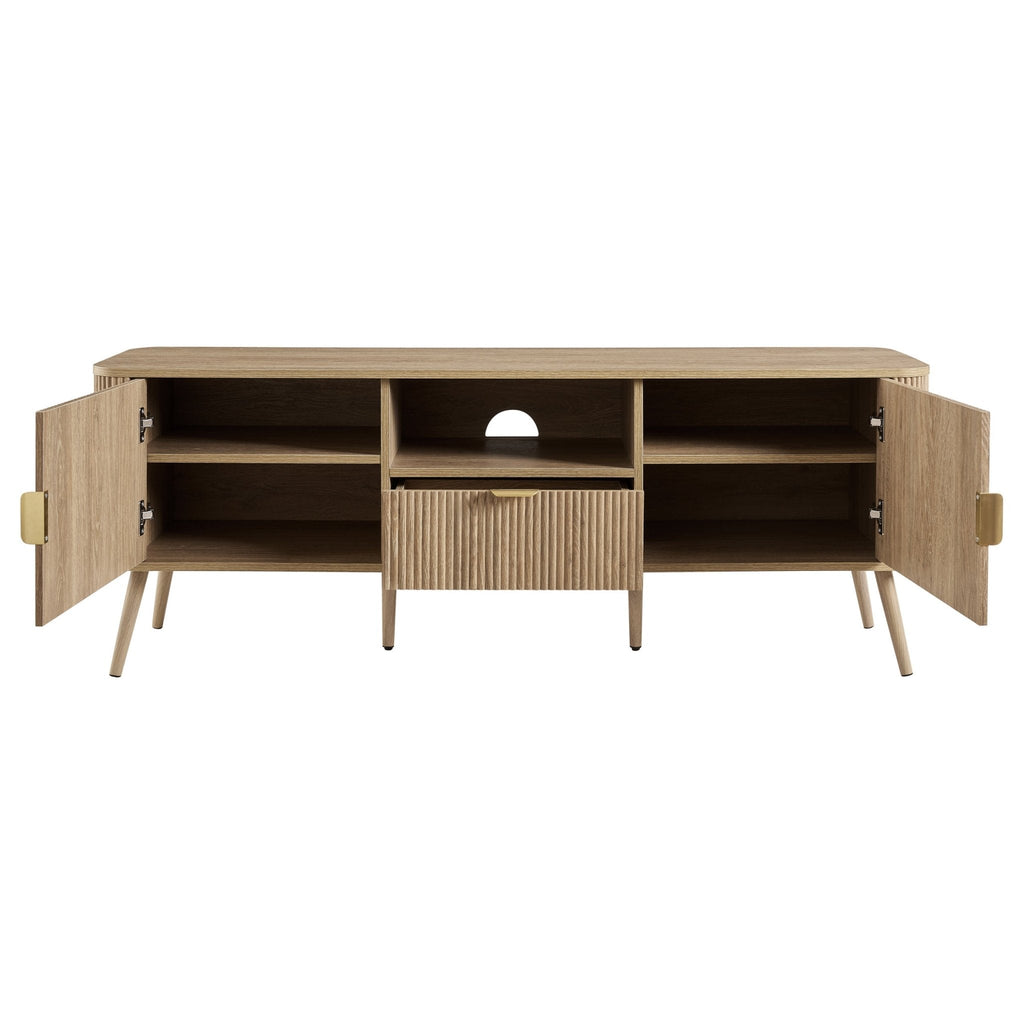 Meuble TV en bois clair style scandinave avec motif à panneaux pour téléviseurs jusqu'à 65 pouces pour salon