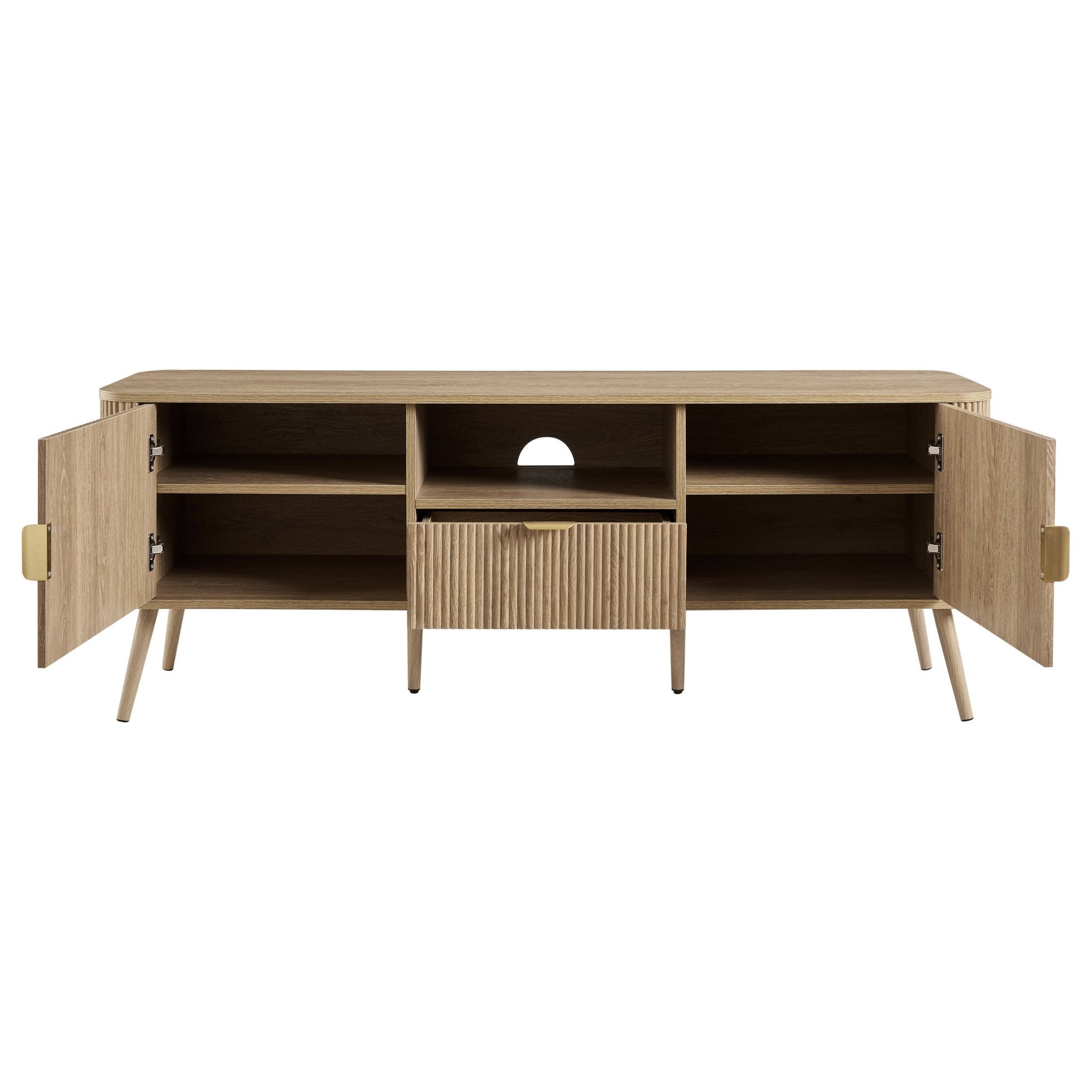 Meuble TV en bois clair style scandinave avec motif à panneaux pour téléviseurs jusqu'à 65 pouces pour salon