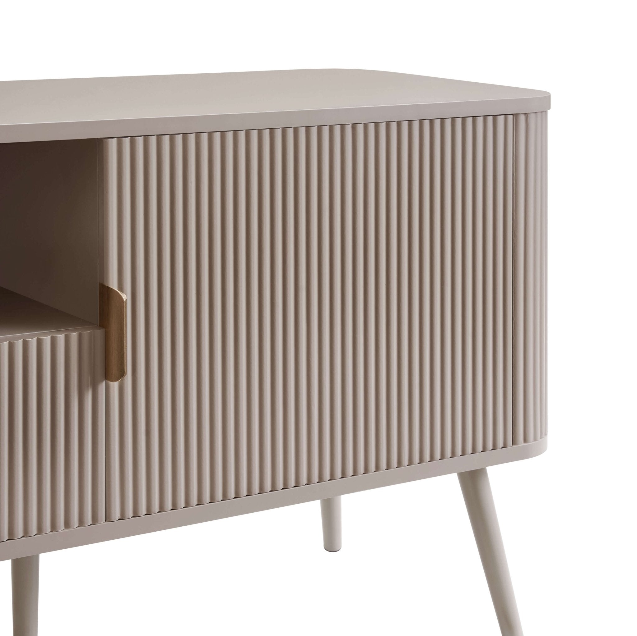 Meuble TV contemporain effet bois taupe avec panneaux pour téléviseurs jusqu'à 65 pouces pour salon