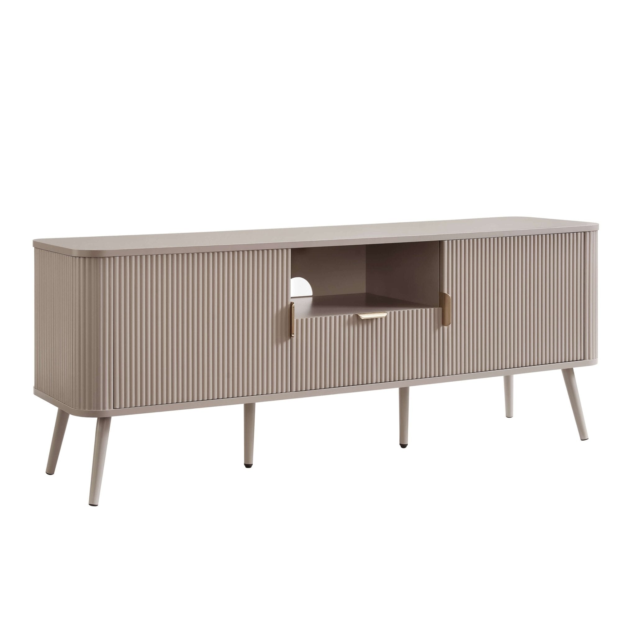 Meuble TV contemporain effet bois taupe avec panneaux pour téléviseurs jusqu'à 65 pouces pour salon