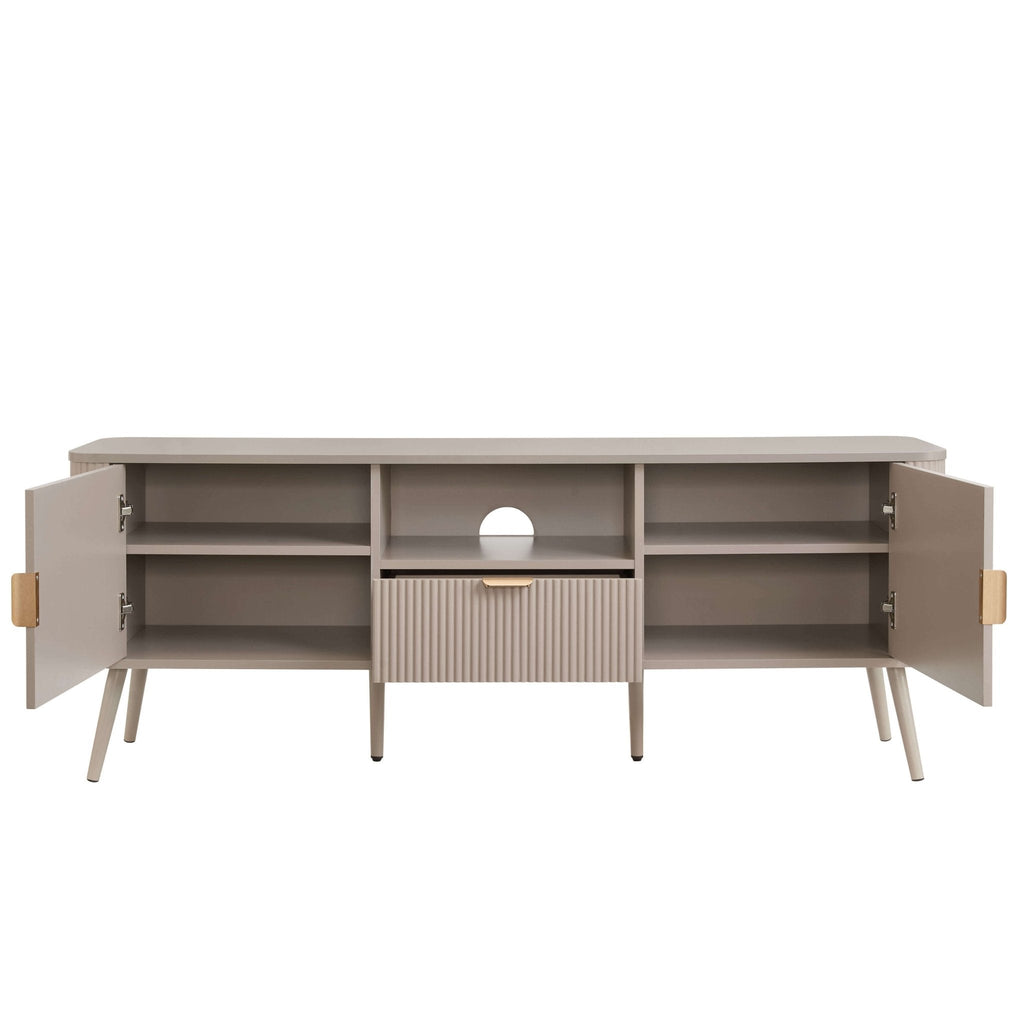 Meuble TV contemporain effet bois taupe avec panneaux pour téléviseurs jusqu'à 65 pouces pour salon