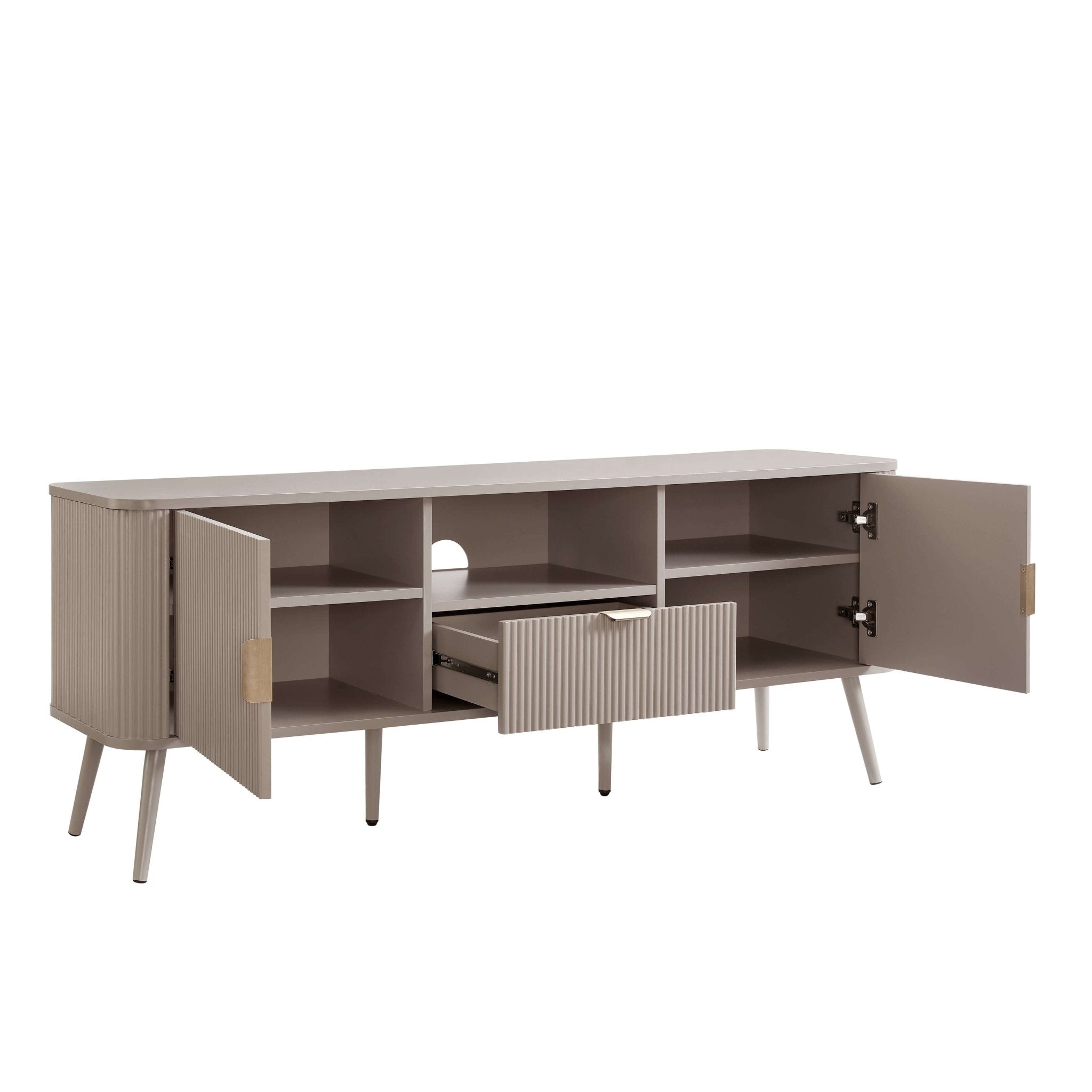 Meuble TV contemporain effet bois taupe avec panneaux pour téléviseurs jusqu'à 65 pouces pour salon