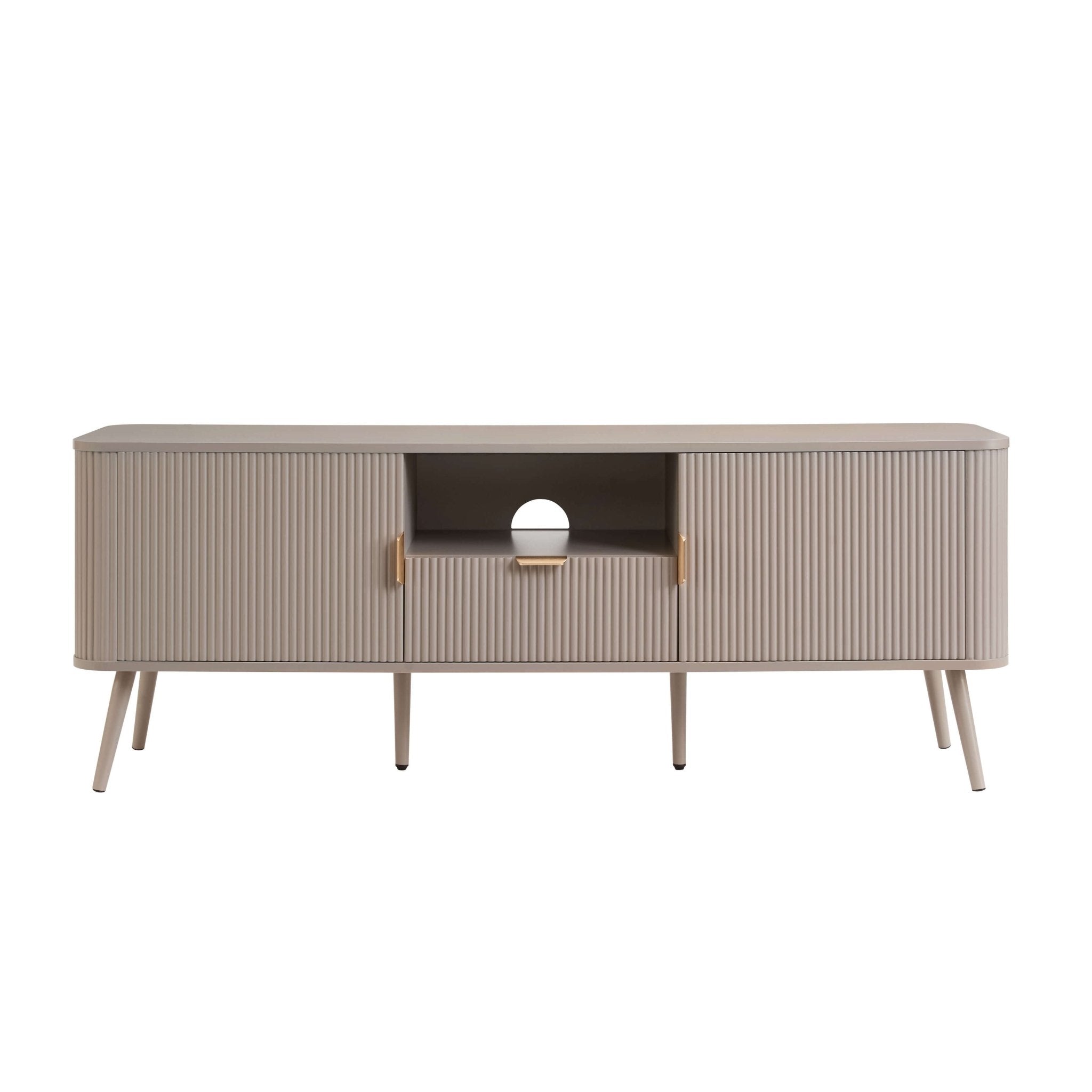 Meuble TV contemporain effet bois taupe avec panneaux pour téléviseurs jusqu'à 65 pouces pour salon