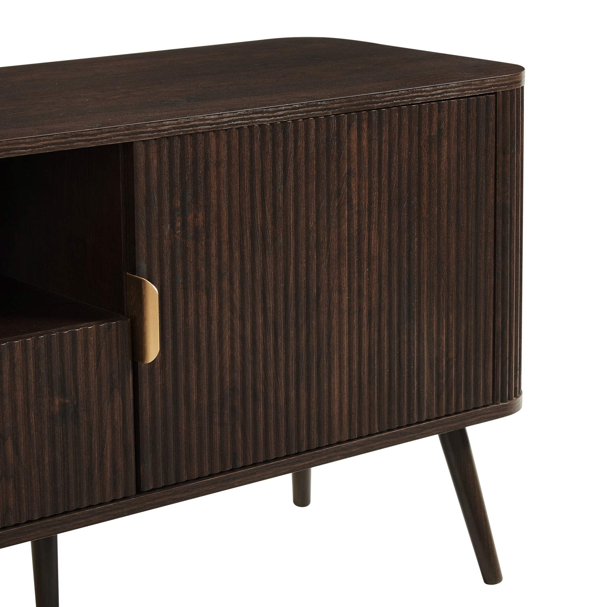 Meuble TV contemporain effet noyer avec design à panneaux pour téléviseurs jusqu'à 65 pouces pour le salon