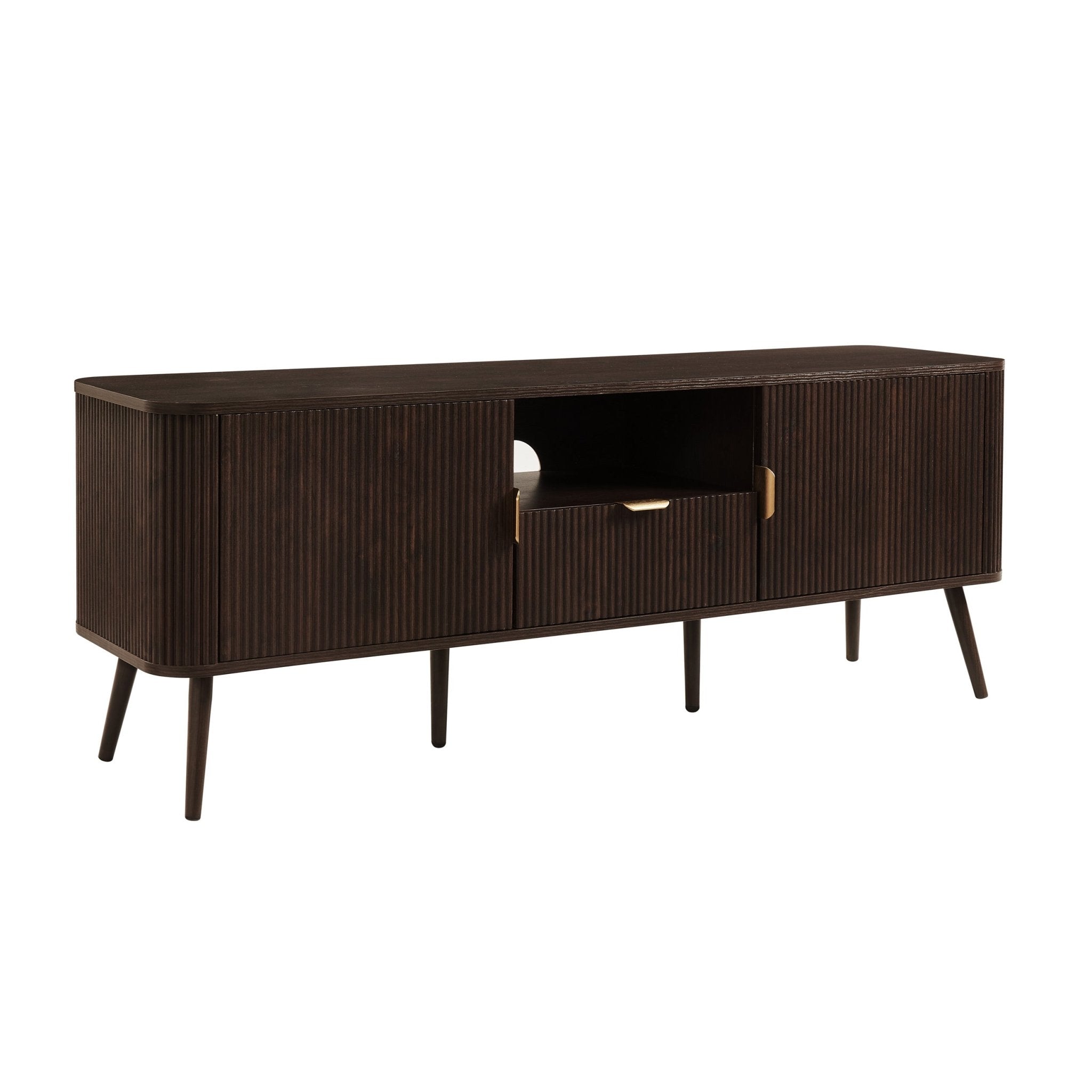 Meuble TV contemporain effet noyer avec design à panneaux pour téléviseurs jusqu'à 65 pouces pour le salon