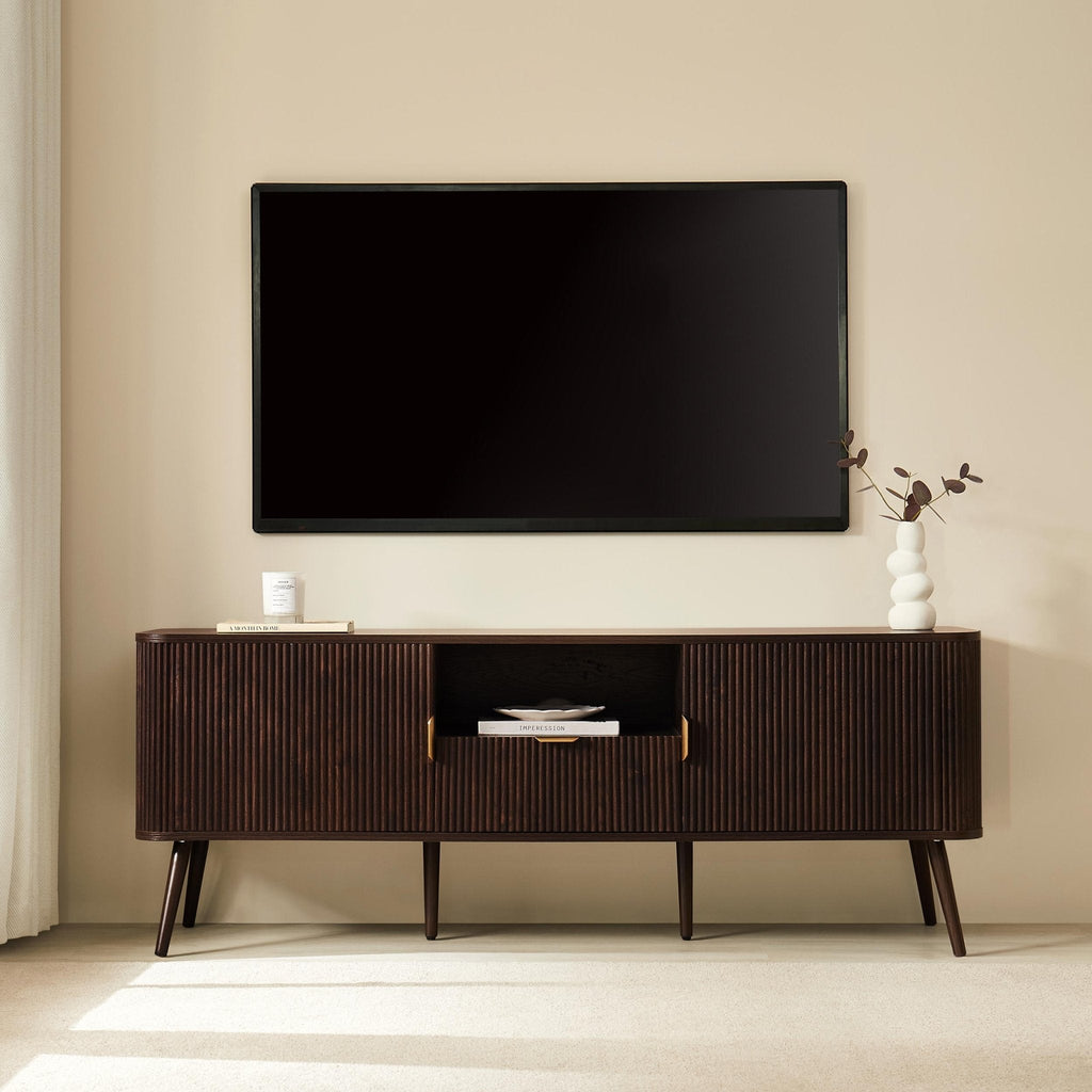 Meuble TV contemporain effet noyer avec design à panneaux pour téléviseurs jusqu'à 65 pouces pour le salon