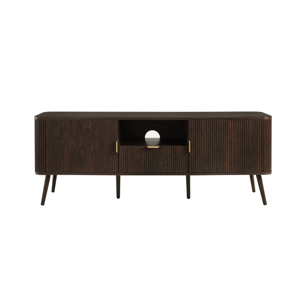 Meuble TV contemporain effet noyer avec design à panneaux pour téléviseurs jusqu'à 65 pouces pour le salon