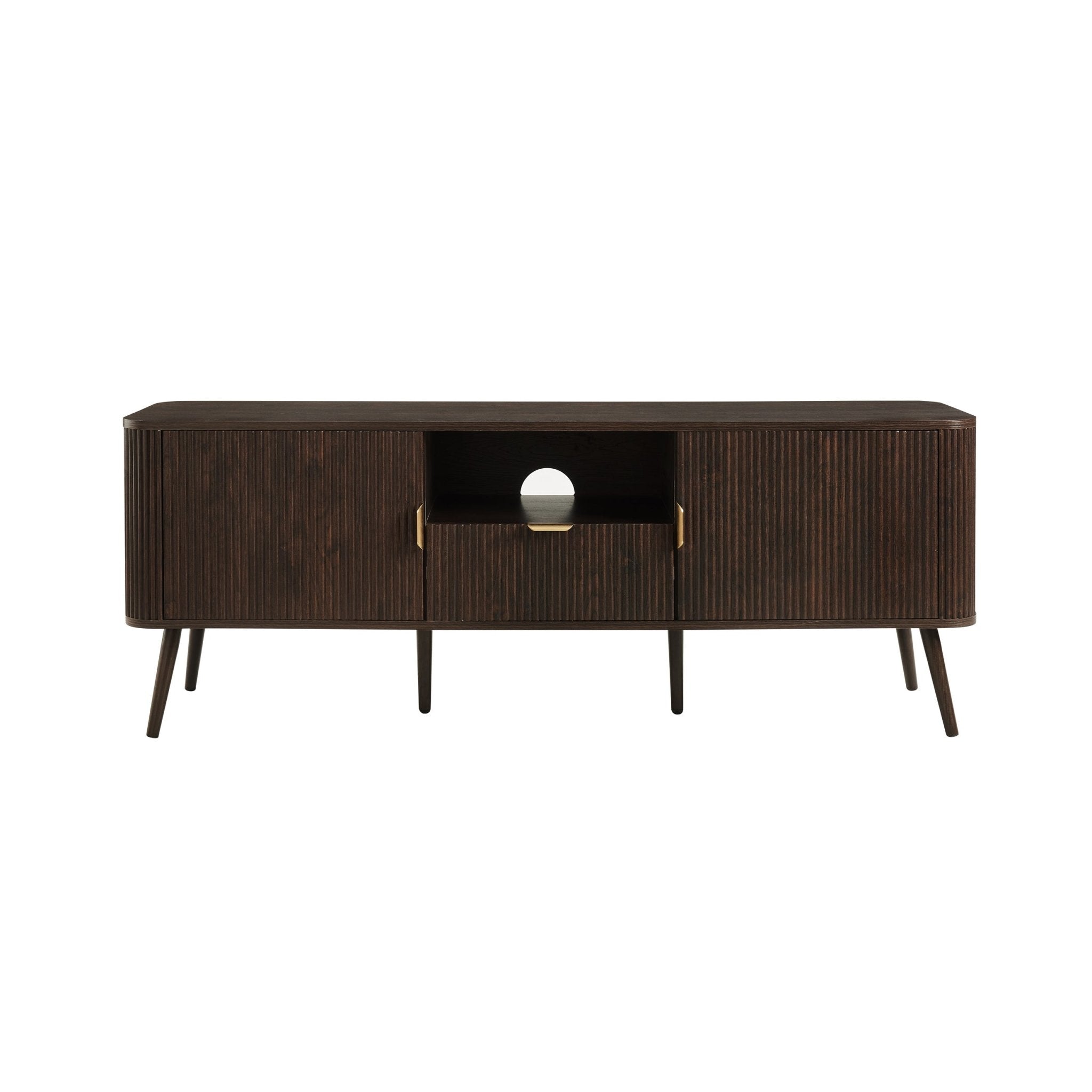 Meuble TV contemporain effet noyer avec design à panneaux pour téléviseurs jusqu'à 65 pouces pour le salon