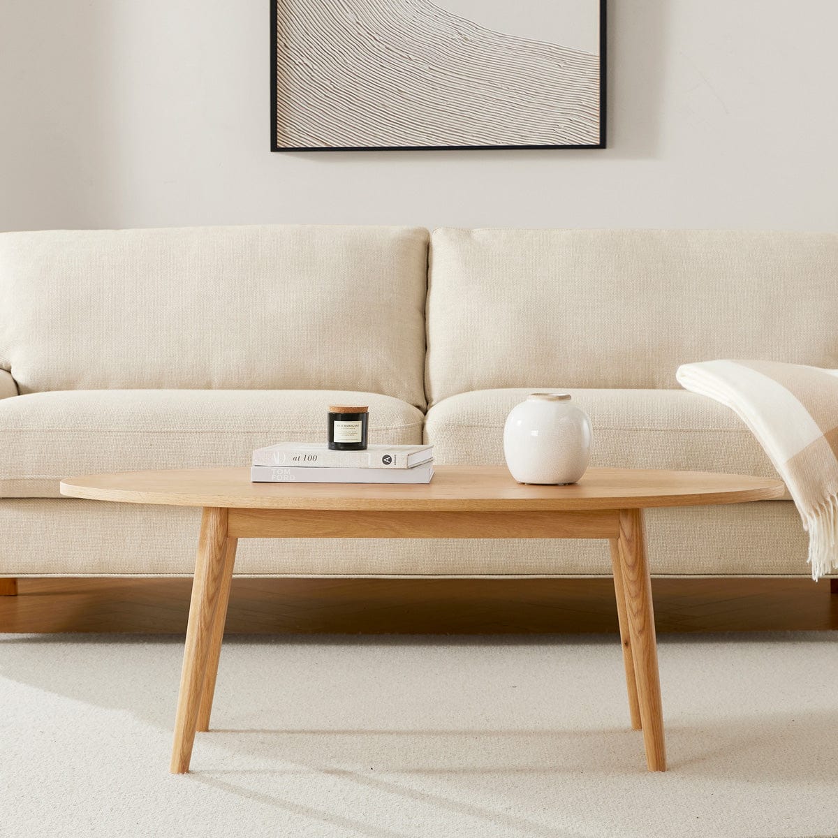 Table basse scandinave en chêne massif clair, forme ovale, pour salon