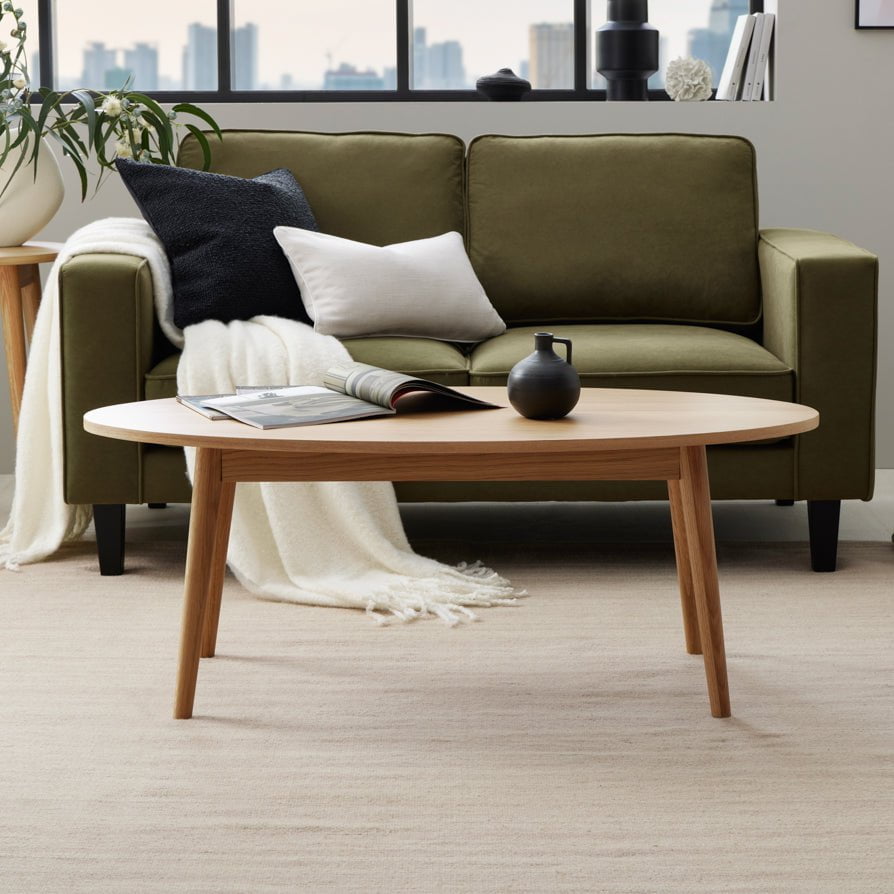 Table basse scandinave en chêne massif clair, forme ovale, pour salon