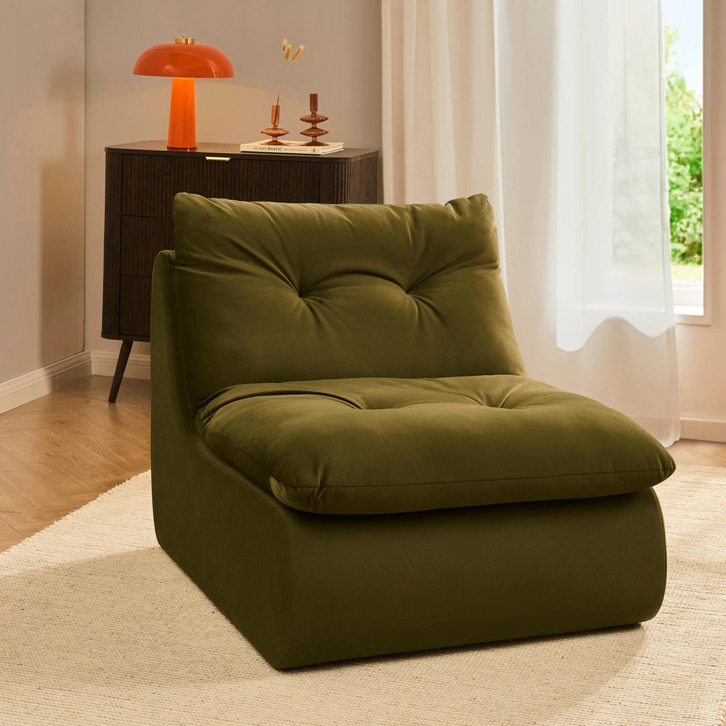 Fauteuil d'appoint rétro vert chenille avec assise profonde pour le salon