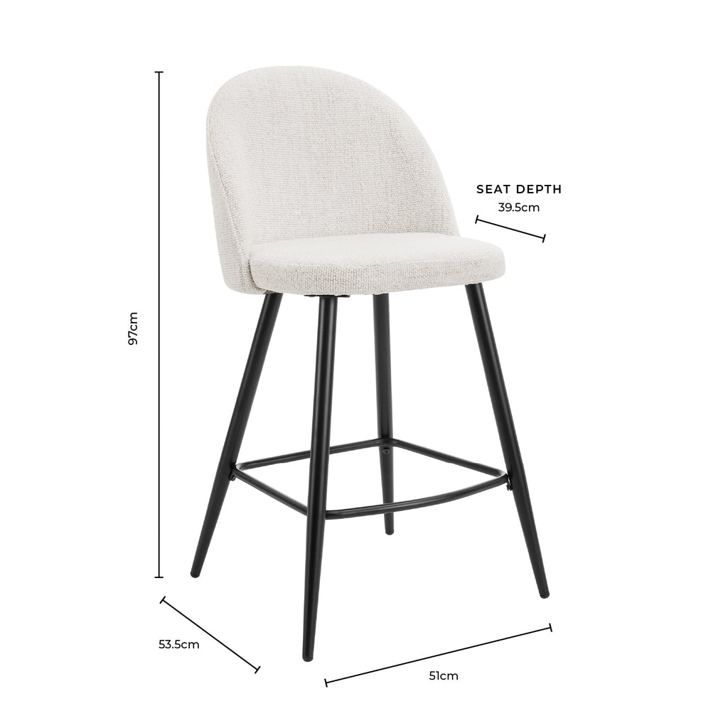Tabouret de bar moderne en bouclette ivoire avec pieds en métal noir pour cuisine