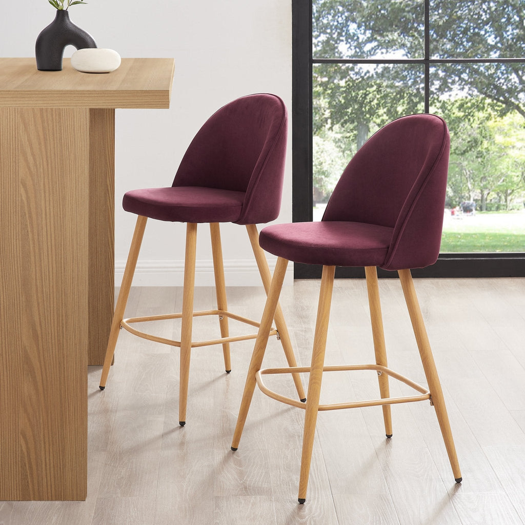 Tabouret de bar contemporain Berry Velvet avec pieds en bois naturel pour cuisine