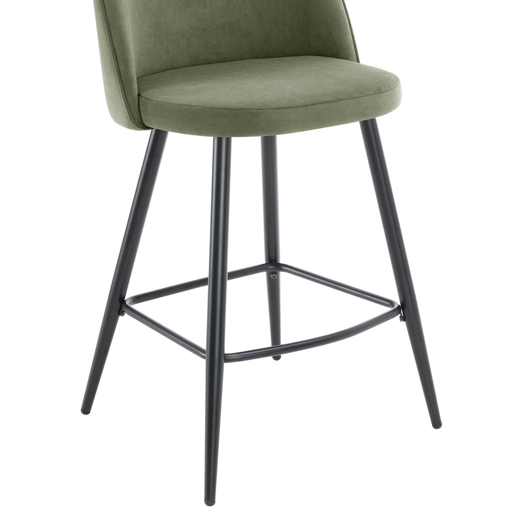 Tabouret de bar contemporain en velours vert sauge avec pieds en métal noir pour cuisine