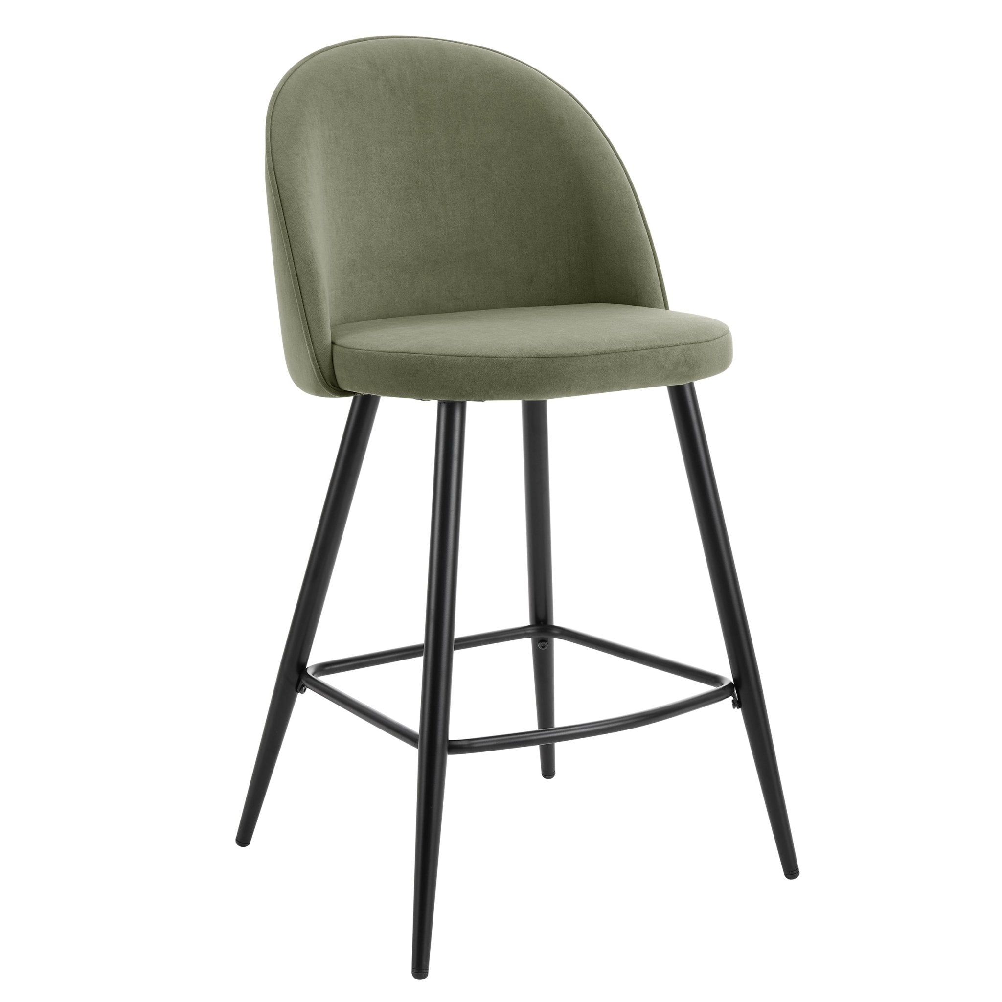 Tabouret de bar contemporain en velours vert sauge avec pieds en métal noir pour cuisine