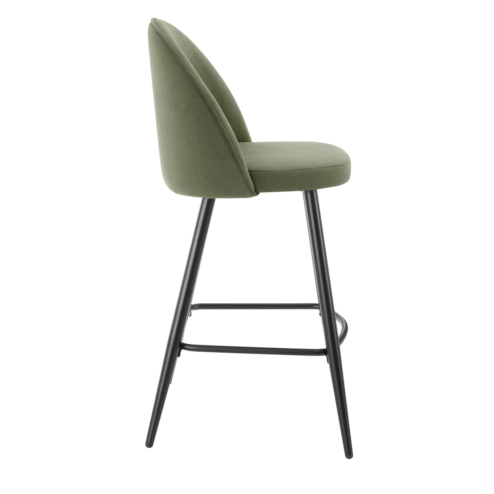 Tabouret de bar contemporain en velours vert sauge avec pieds en métal noir pour cuisine
