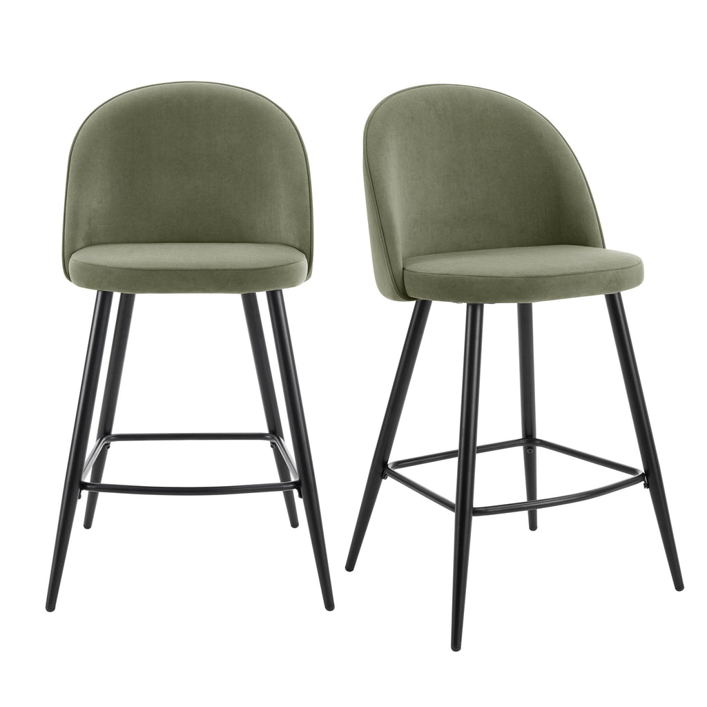 Tabouret de bar contemporain en velours vert sauge avec pieds en métal noir pour cuisine