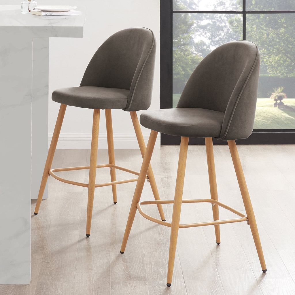 Tabouret de bar moderne en velours taupe avec pieds en bois naturel pour la cuisine