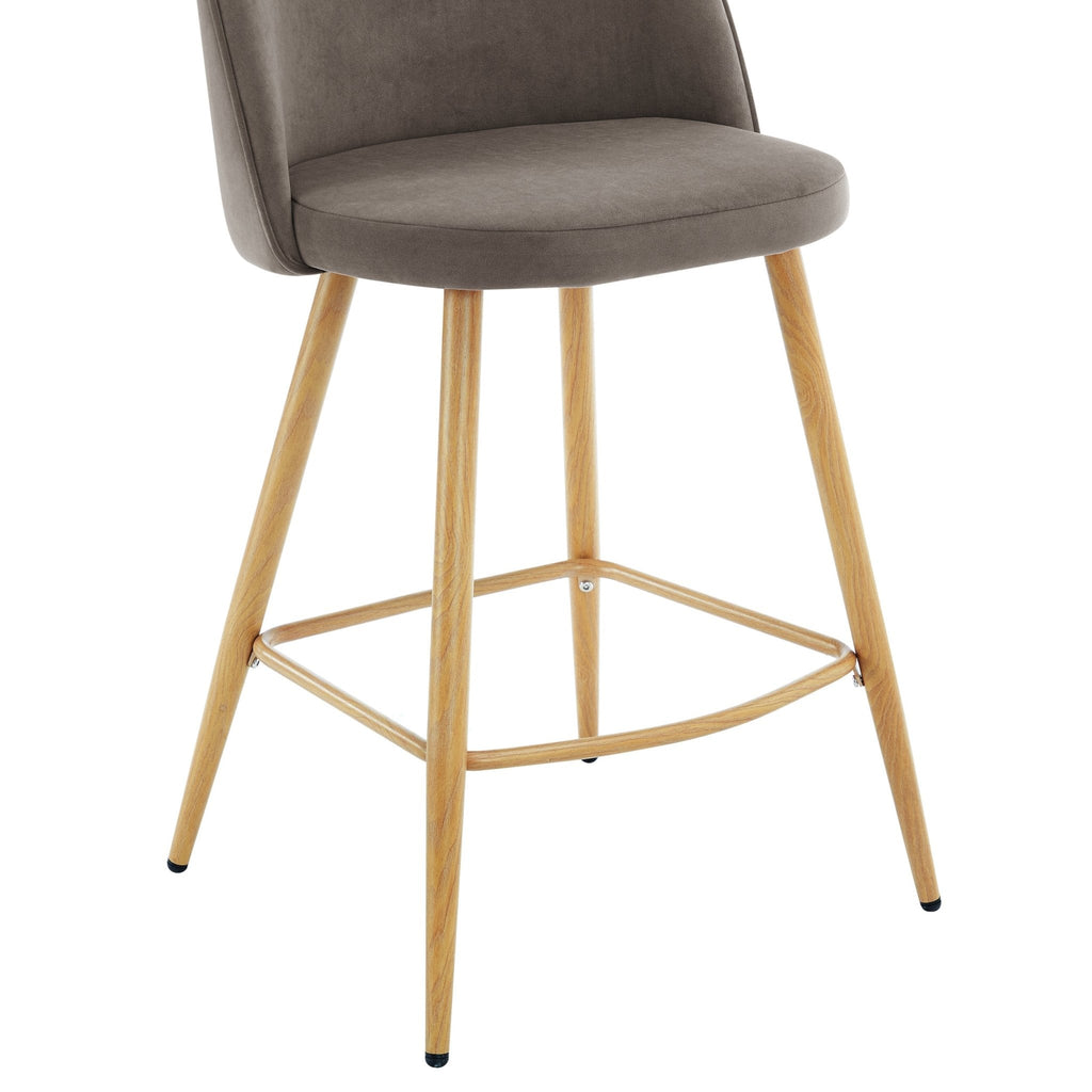 Tabouret de bar moderne en velours taupe avec pieds en bois naturel pour la cuisine