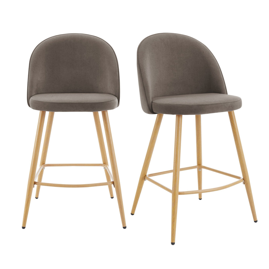 Tabouret de bar moderne en velours taupe avec pieds en bois naturel pour la cuisine