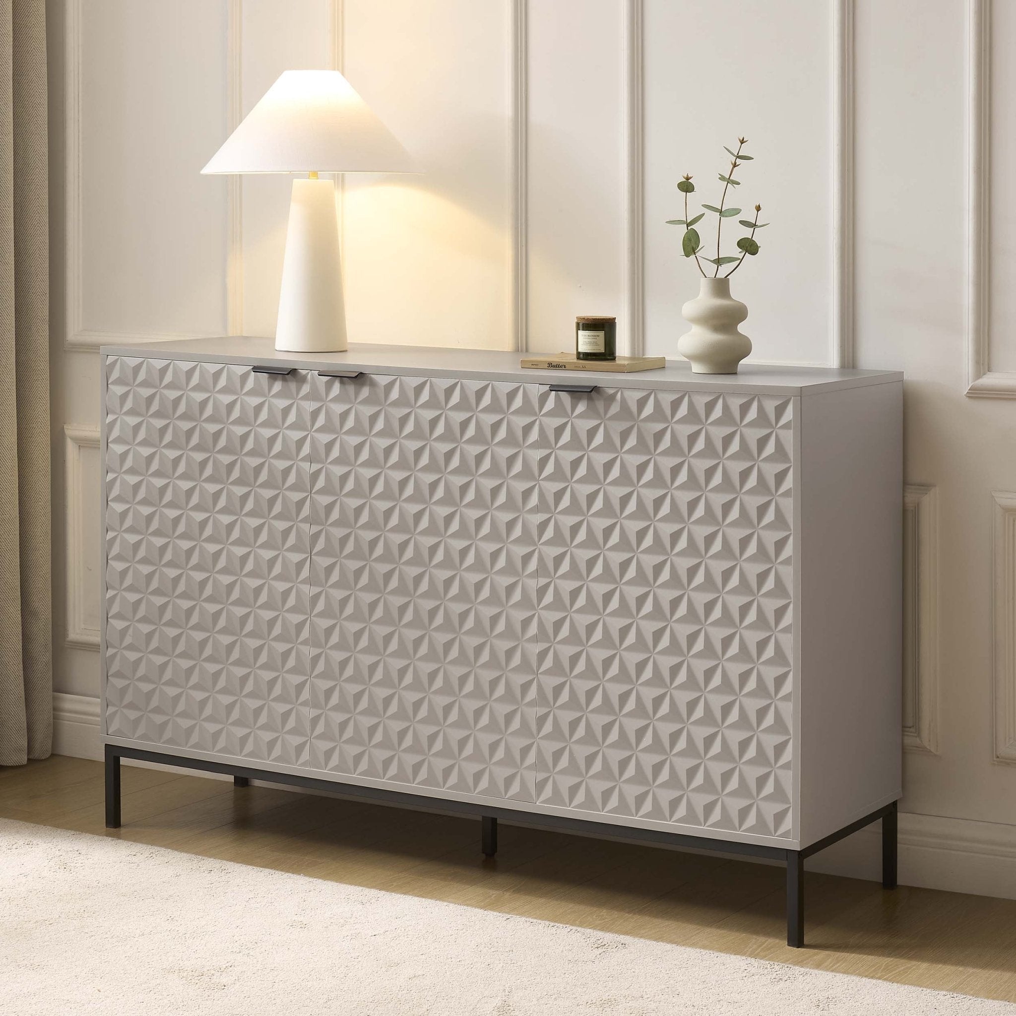 Buffet contemporain taupe à motifs géométriques pour salon