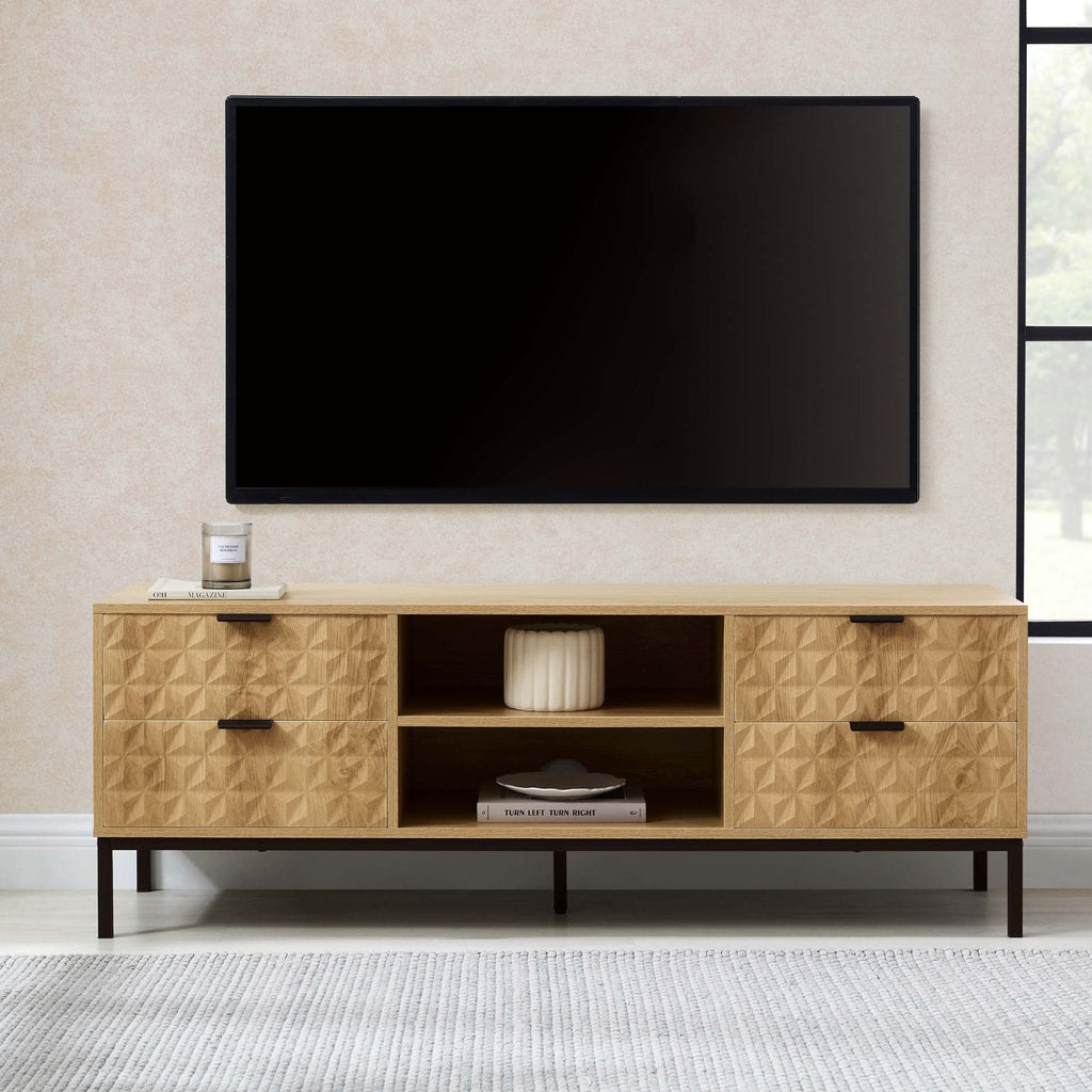 Meuble TV moderne en bois clair avec motif géométrique pour téléviseurs jusqu'à 60 pouces pour le salon
