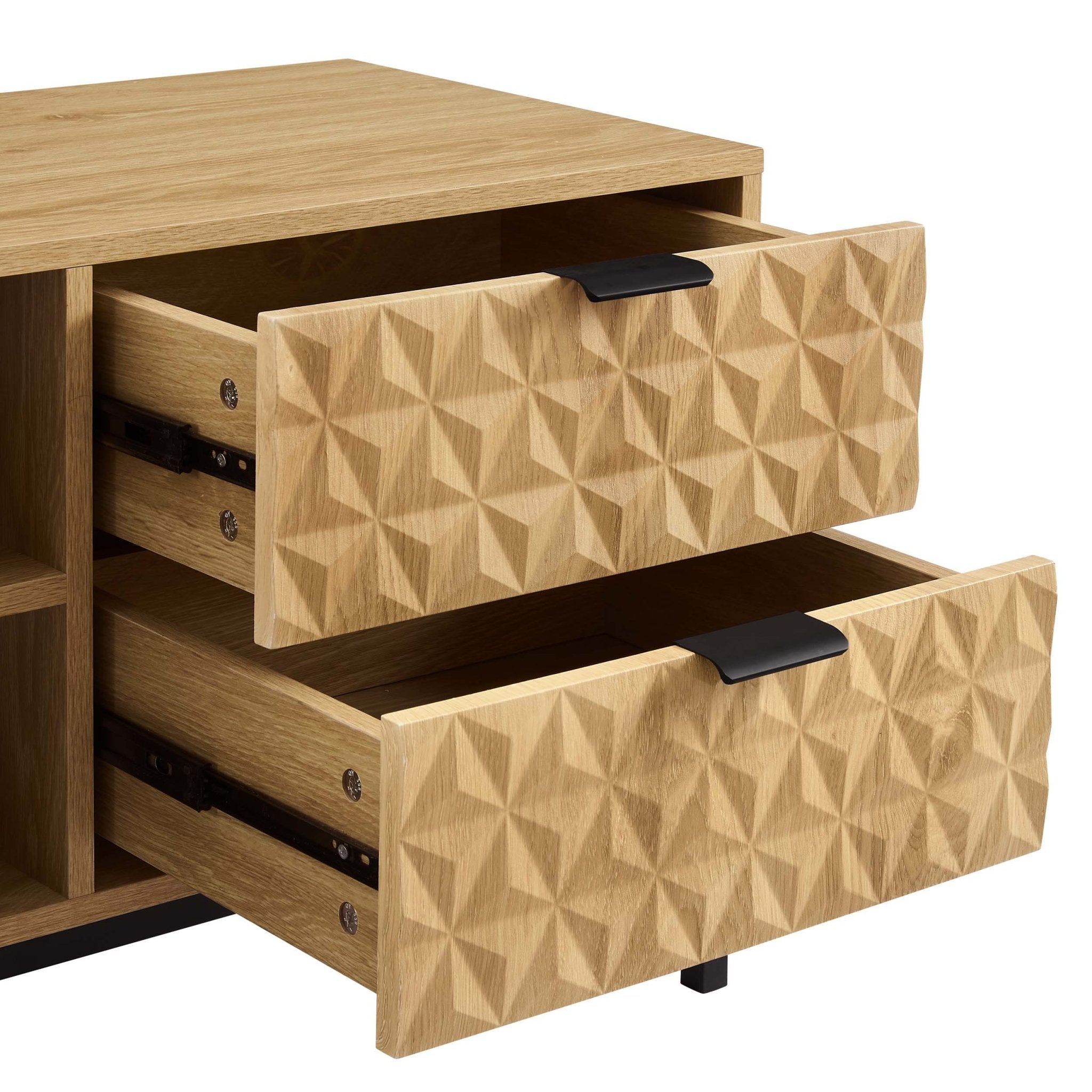 Meuble TV moderne en bois clair avec motif géométrique pour téléviseurs jusqu'à 60 pouces pour le salon