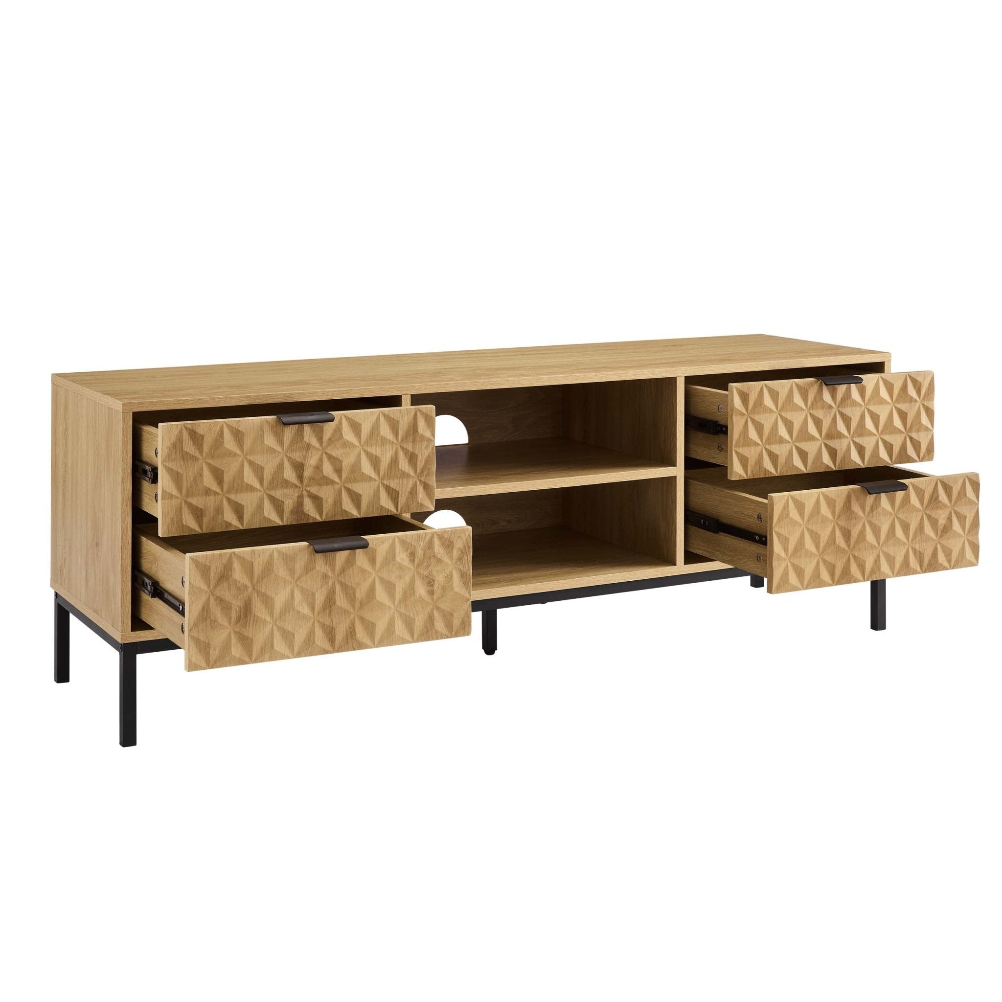Meuble TV moderne en bois clair avec motif géométrique pour téléviseurs jusqu'à 60 pouces pour le salon