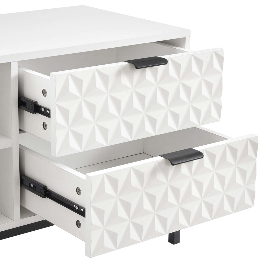 Meuble TV Contemporain Blanc Laqué avec Motif Géométrique pour TV Jusqu'à 60 Pouces pour Salon