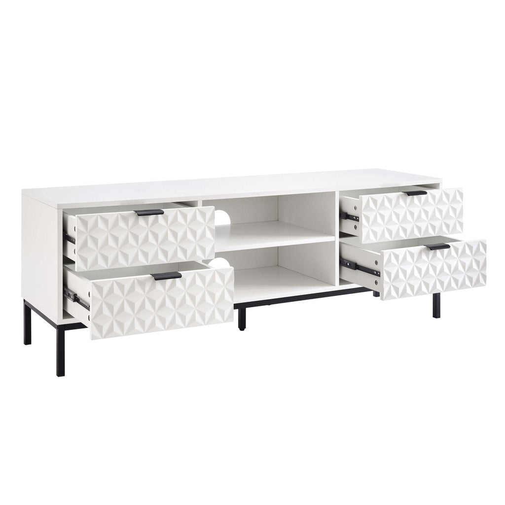 Meuble TV Contemporain Blanc Laqué avec Motif Géométrique pour TV Jusqu'à 60 Pouces pour Salon