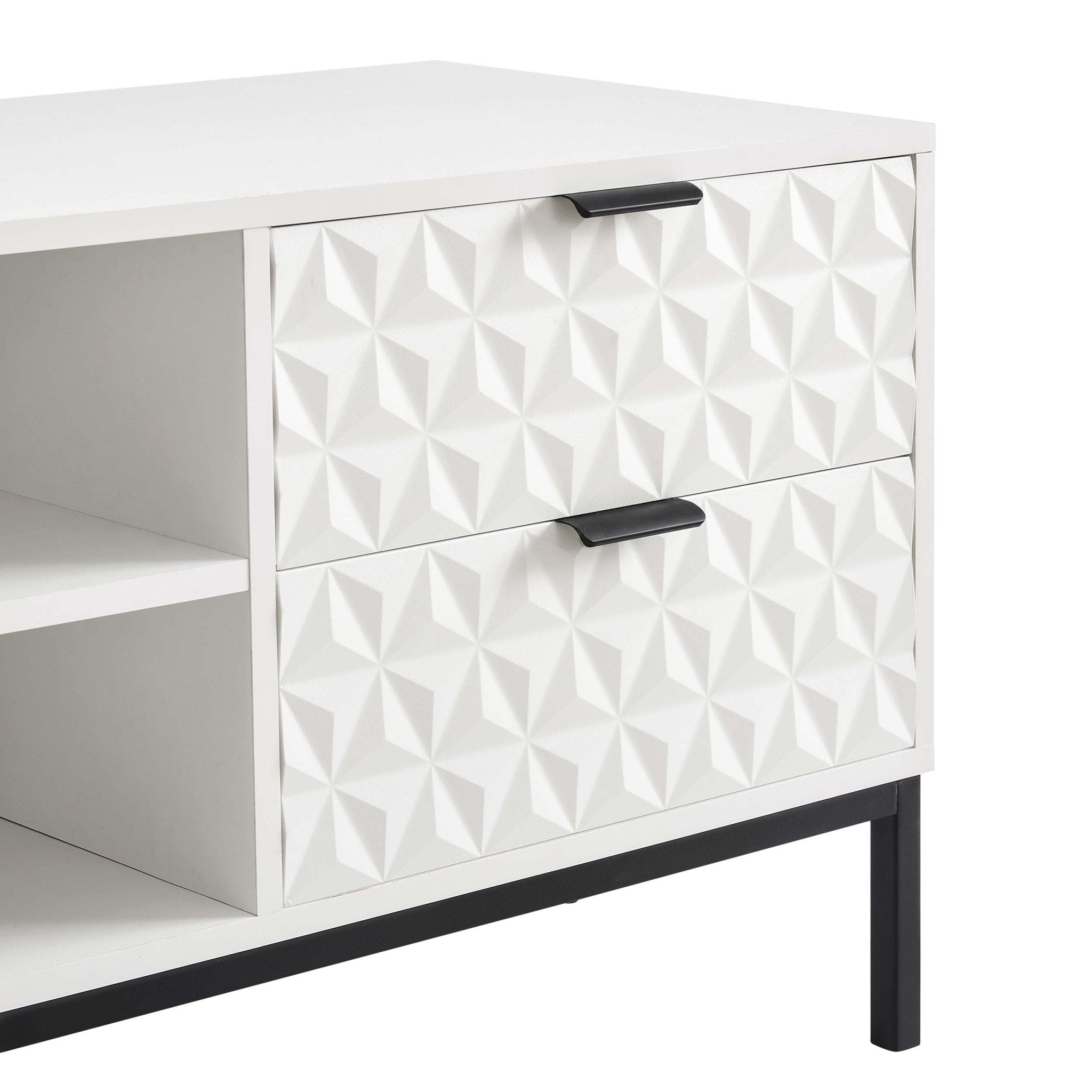 Meuble TV Contemporain Blanc Laqué avec Motif Géométrique pour TV Jusqu'à 60 Pouces pour Salon