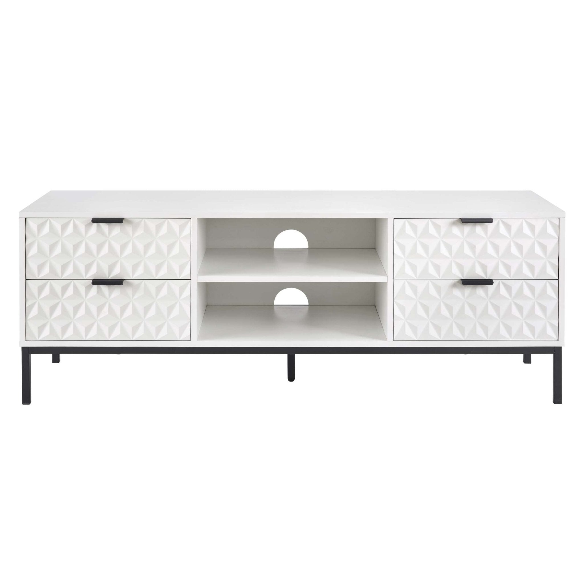 Meuble TV Contemporain Blanc Laqué avec Motif Géométrique pour TV Jusqu'à 60 Pouces pour Salon