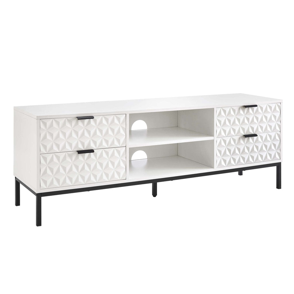 Meuble TV Contemporain Blanc Laqué avec Motif Géométrique pour TV Jusqu'à 60 Pouces pour Salon