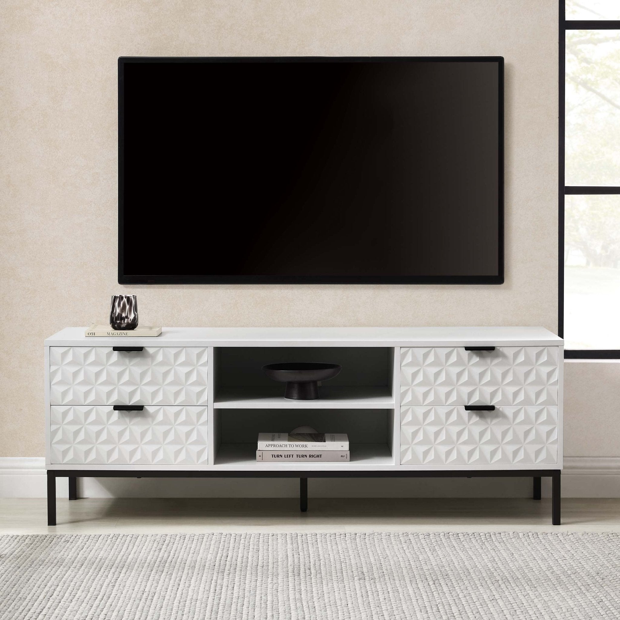 Meuble TV Contemporain Blanc Laqué avec Motif Géométrique pour TV Jusqu'à 60 Pouces pour Salon
