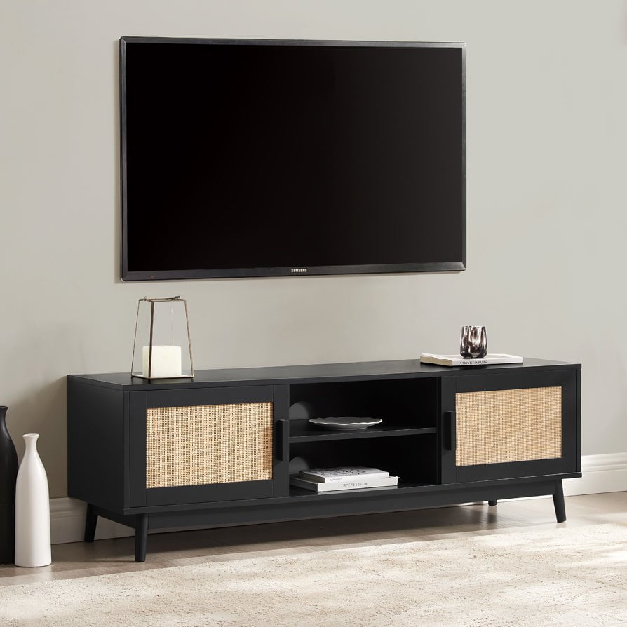 Meuble TV moderne noir laqué aux lignes épurées pour téléviseurs jusqu'à 60 pouces pour salon