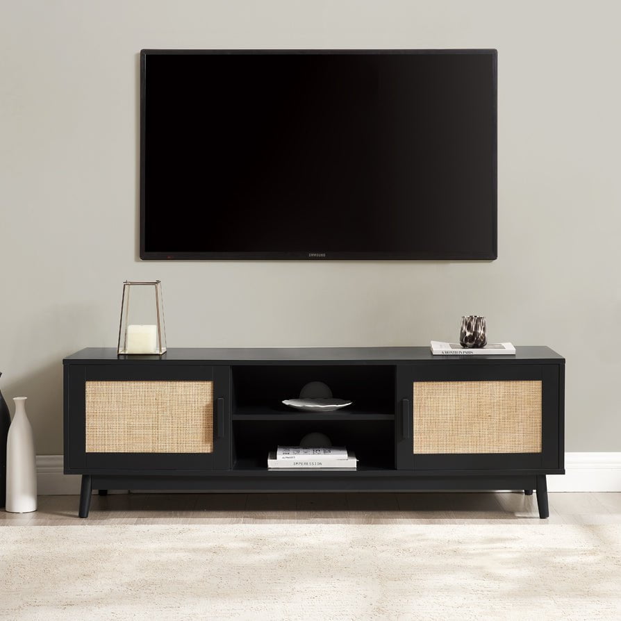 Meuble TV moderne noir laqué aux lignes épurées pour téléviseurs jusqu'à 60 pouces pour salon