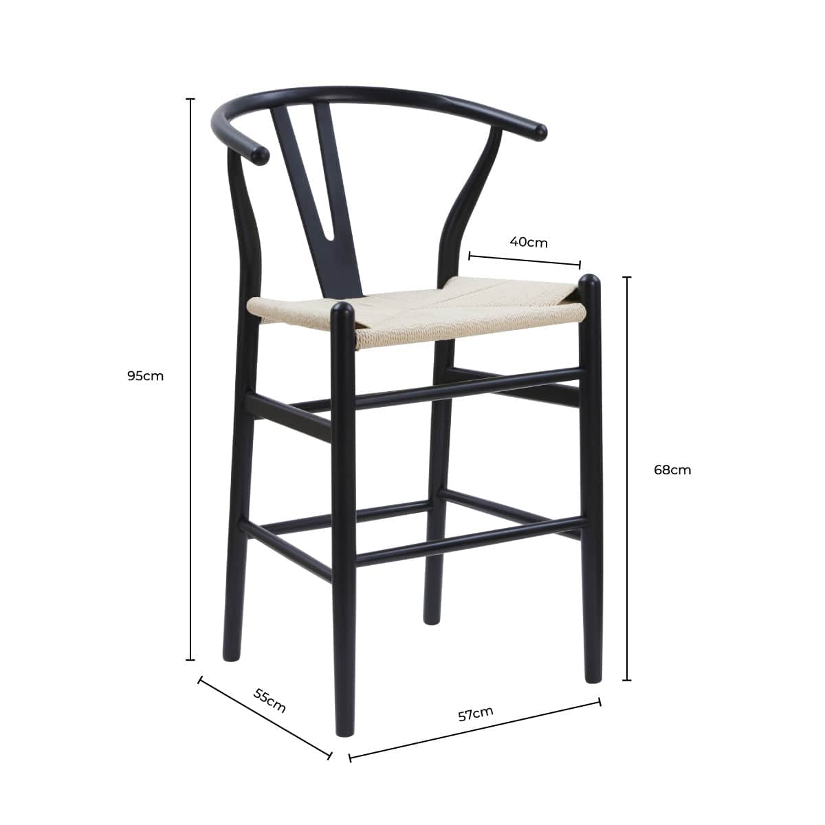 Tabouret de bar en bois de bouleau noir scandinave avec assise en corde pour cuisine