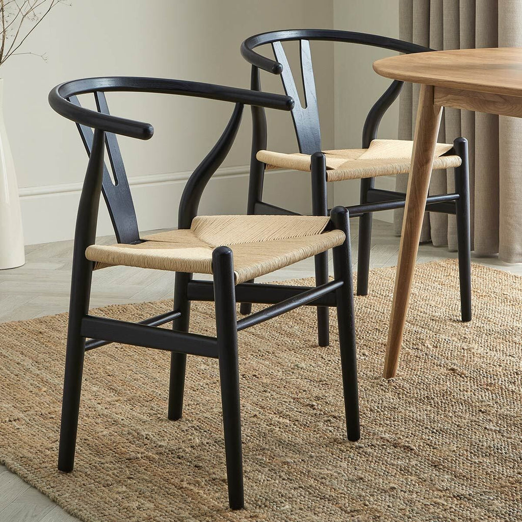 Chaise de salle à manger scandinave en bois de bouleau noir avec assise en corde