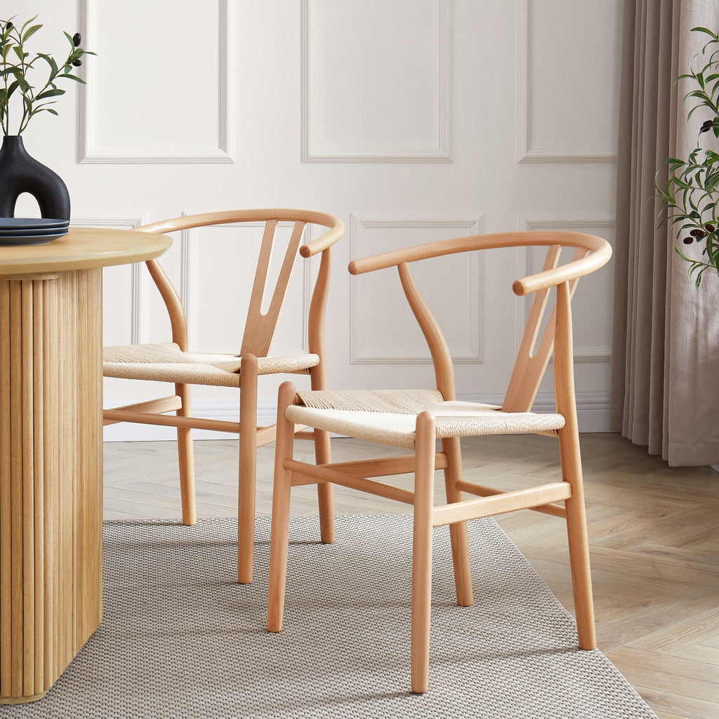 Chaise de salle à manger scandinave en bois naturel avec assise en corde