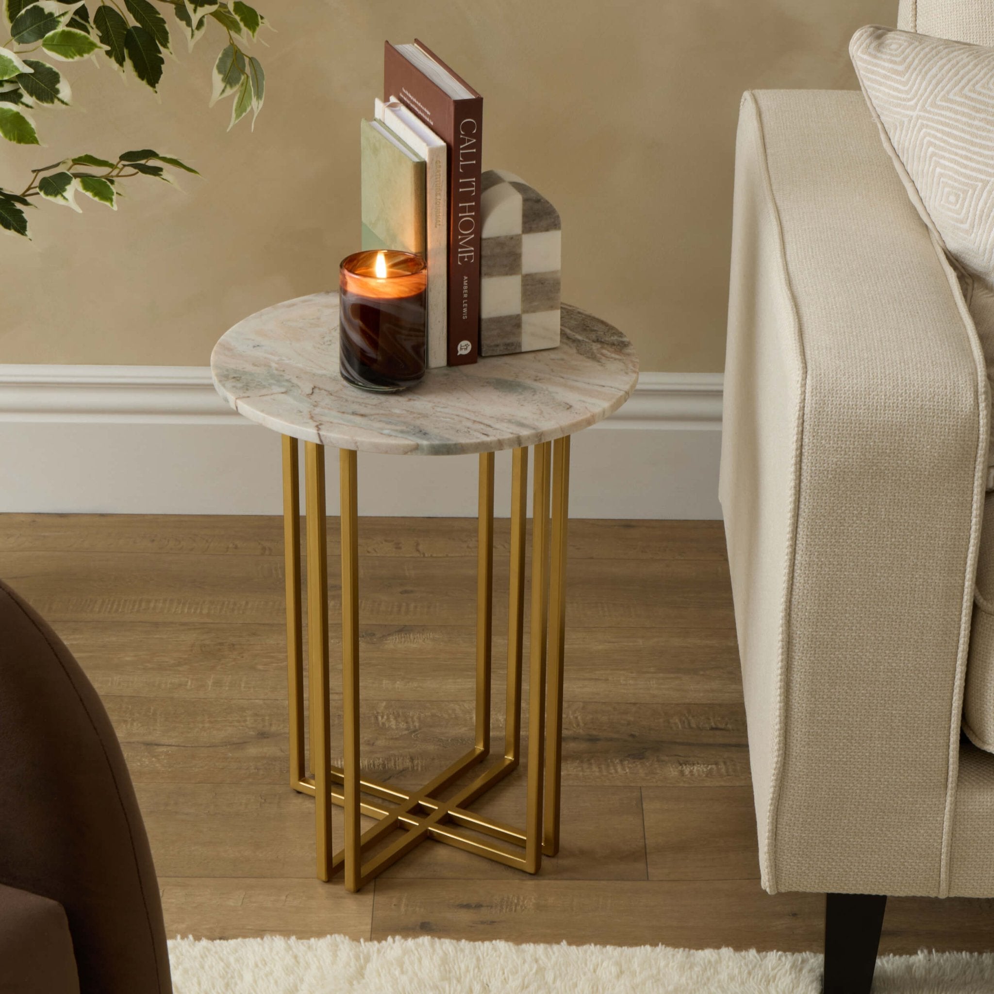 Table d'appoint de salon effet marbre de luxe avec plateau rond