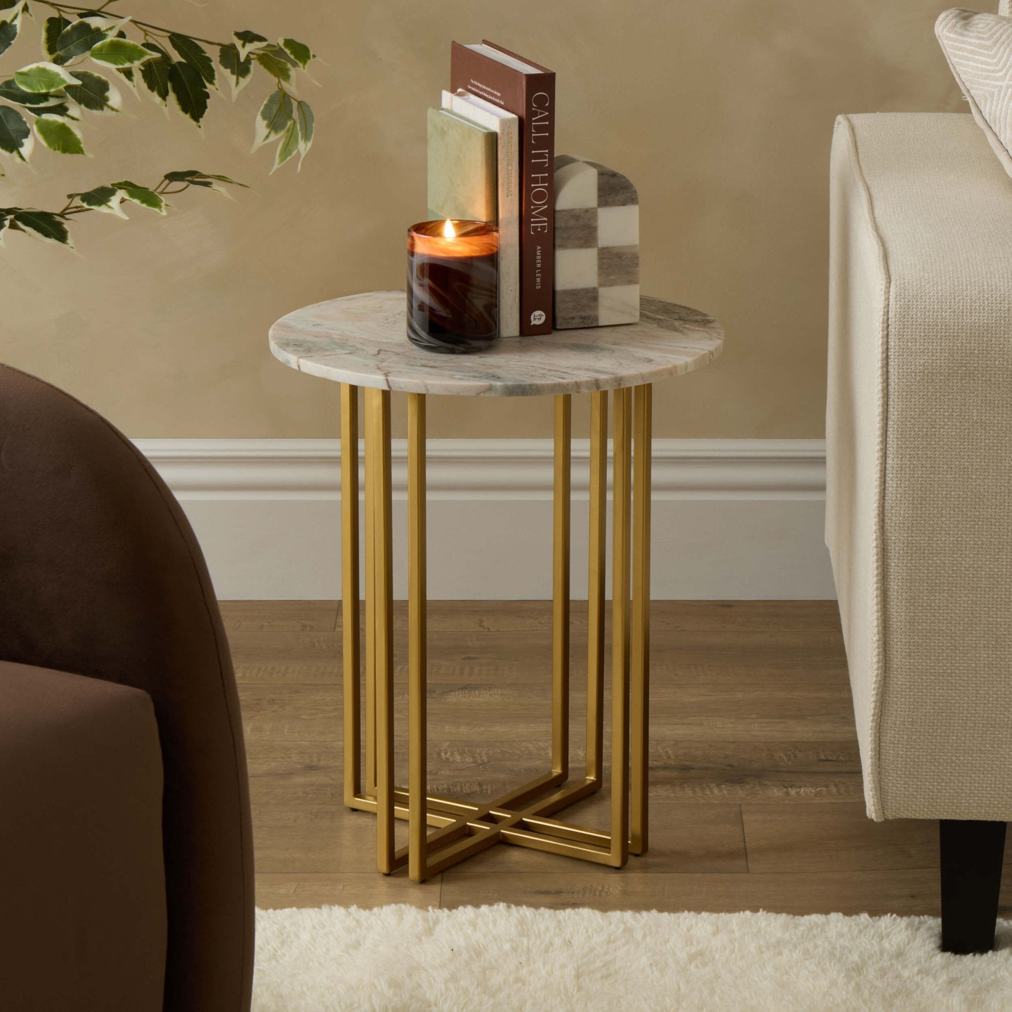 Table d'appoint de salon effet marbre de luxe avec plateau rond