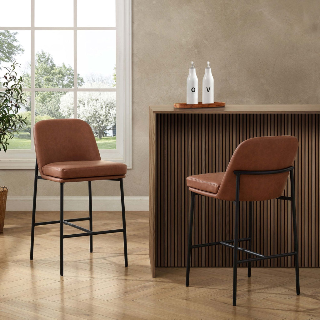 Tabouret de bar Rétro Tan en Faux Cuir avec Repose-Pieds Intégré pour Cuisine