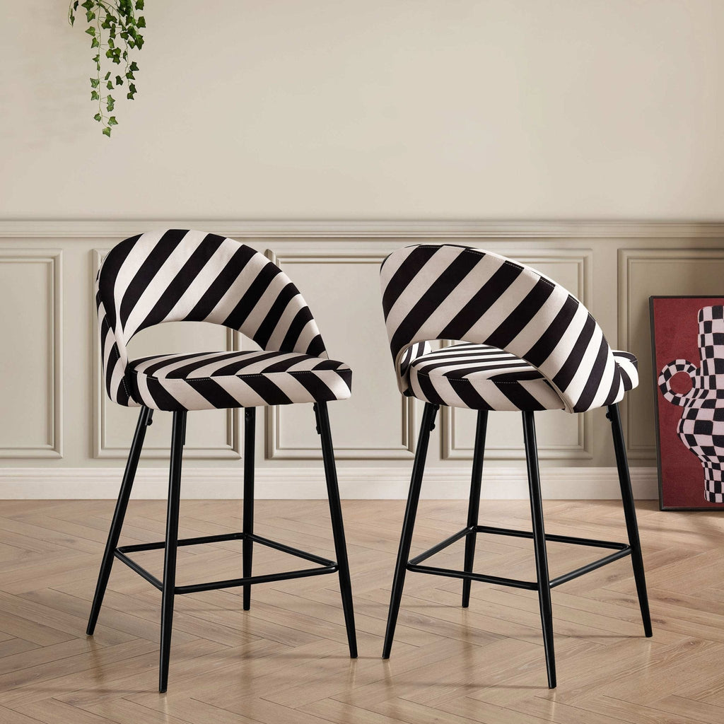 Tabouret de bar en tissu rayé rétro monochrome avec design demi-lune pour cuisine