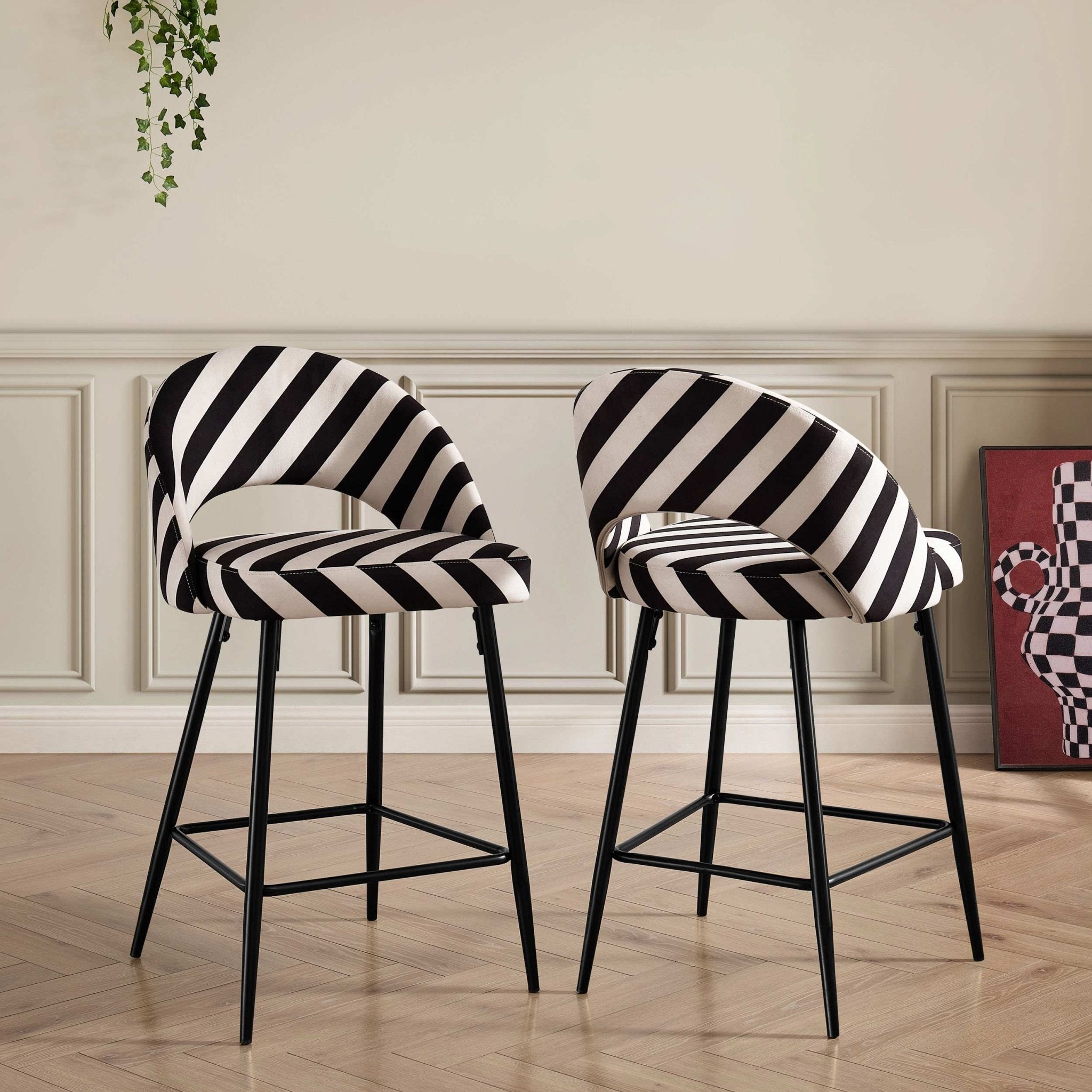 Tabouret de bar en tissu rayé rétro monochrome avec design demi-lune pour cuisine