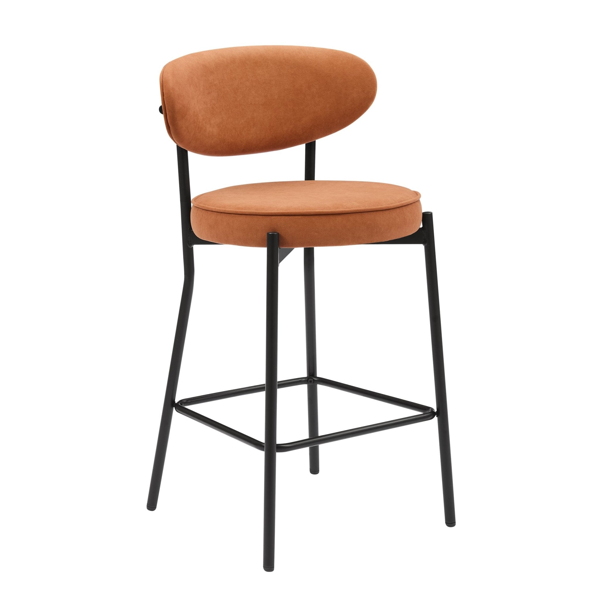 Tabouret de bar rétro en velours mat orange brûlé avec dossier arrondi pour cuisine