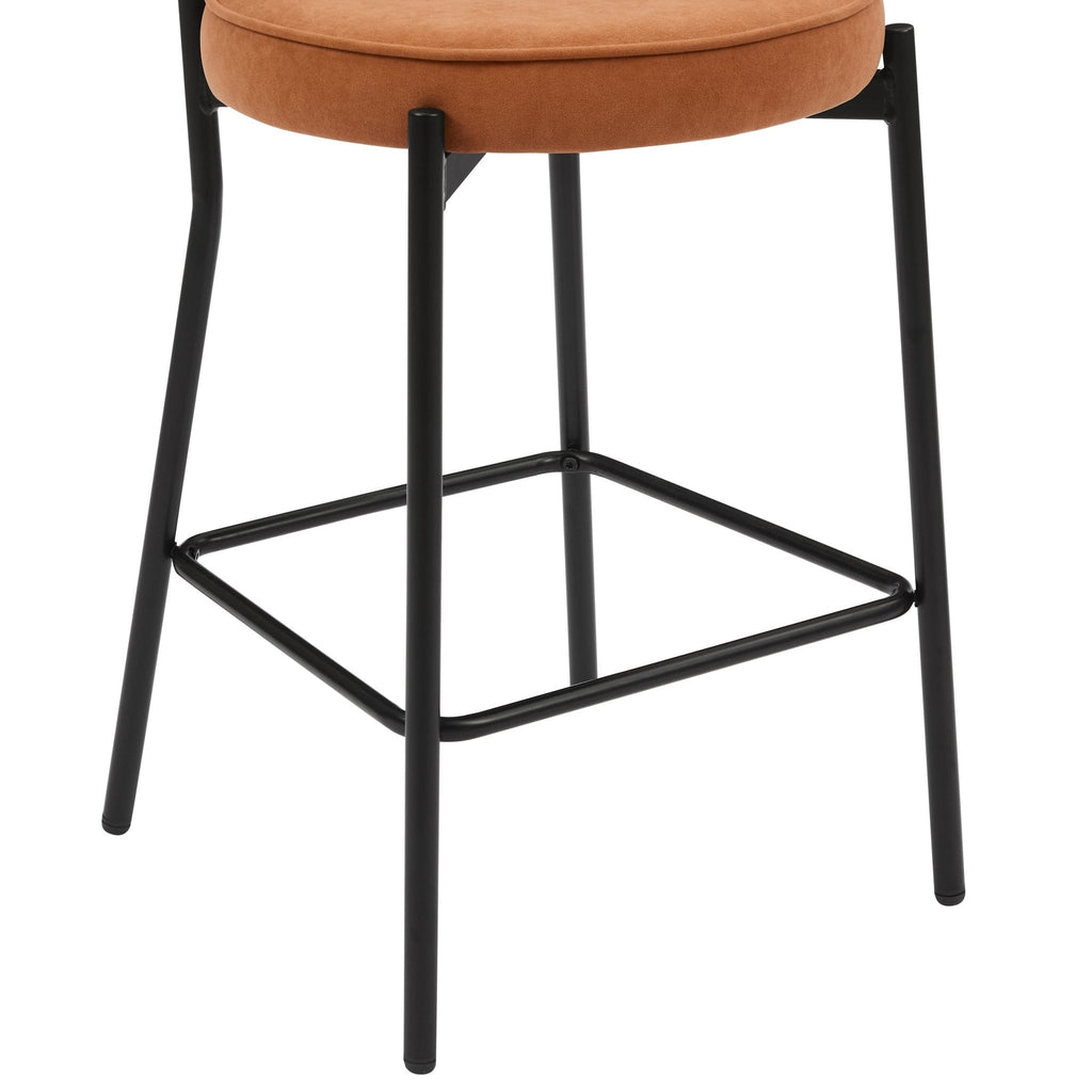 Tabouret de bar rétro en velours mat orange brûlé avec dossier arrondi pour cuisine