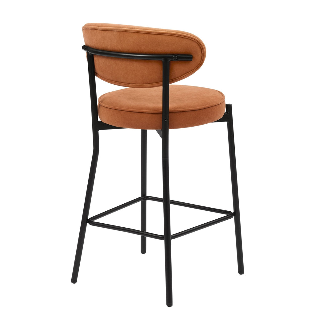 Tabouret de bar rétro en velours mat orange brûlé avec dossier arrondi pour cuisine