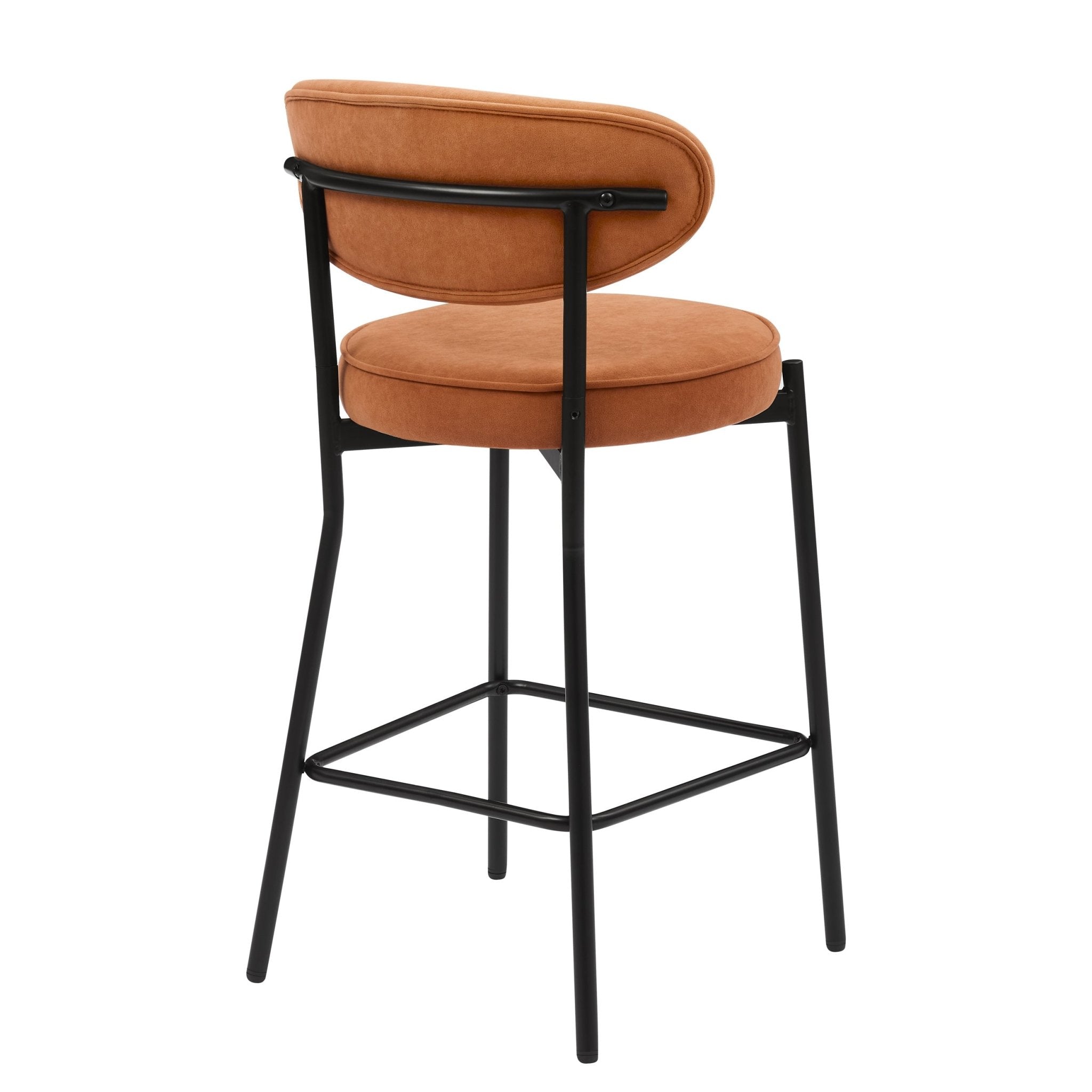 Tabouret de bar rétro en velours mat orange brûlé avec dossier arrondi pour cuisine