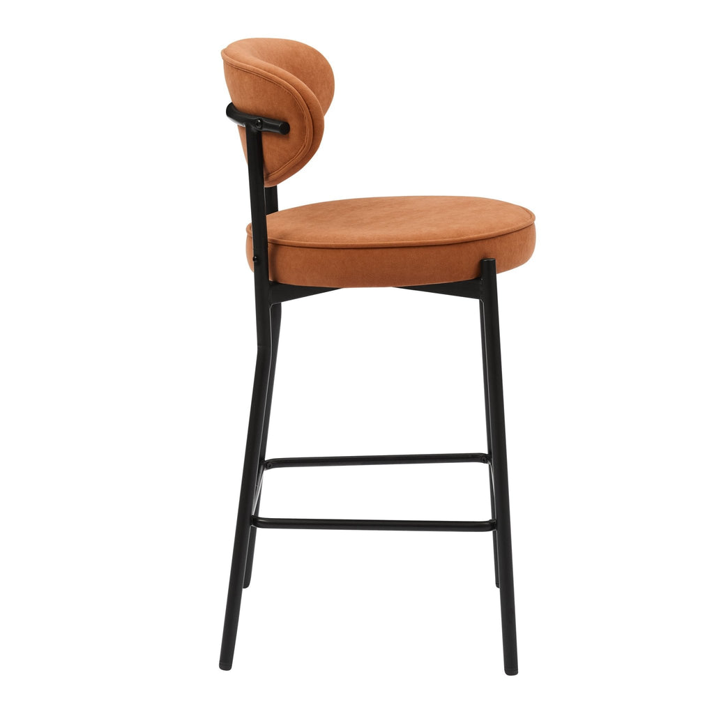 Tabouret de bar rétro en velours mat orange brûlé avec dossier arrondi pour cuisine